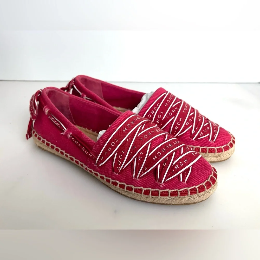 Tory Burch Grosgrains Crisscross Logo Ribbon Espadrilles Flats Red Size 5.5